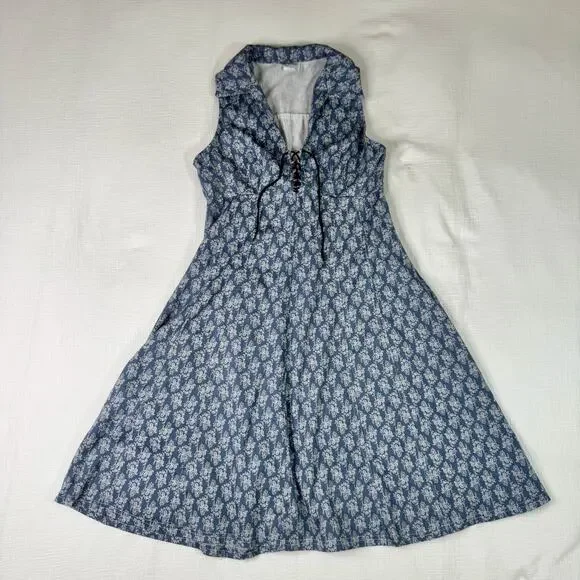 VTG Paisley Farmhouse Dress Blue White Women's 8 Prairie Cottagecore Country 90s - Picture 15 of 16